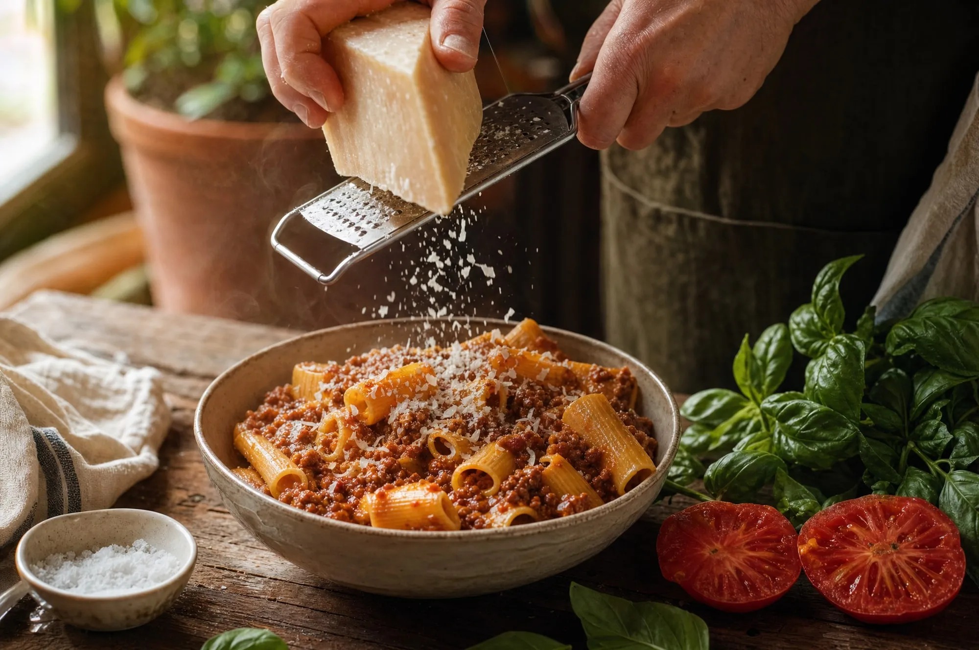 Bolognese auf Bio-Pasta, frisch angerichtet mit gehobeltem Hartkäse und Basilikum