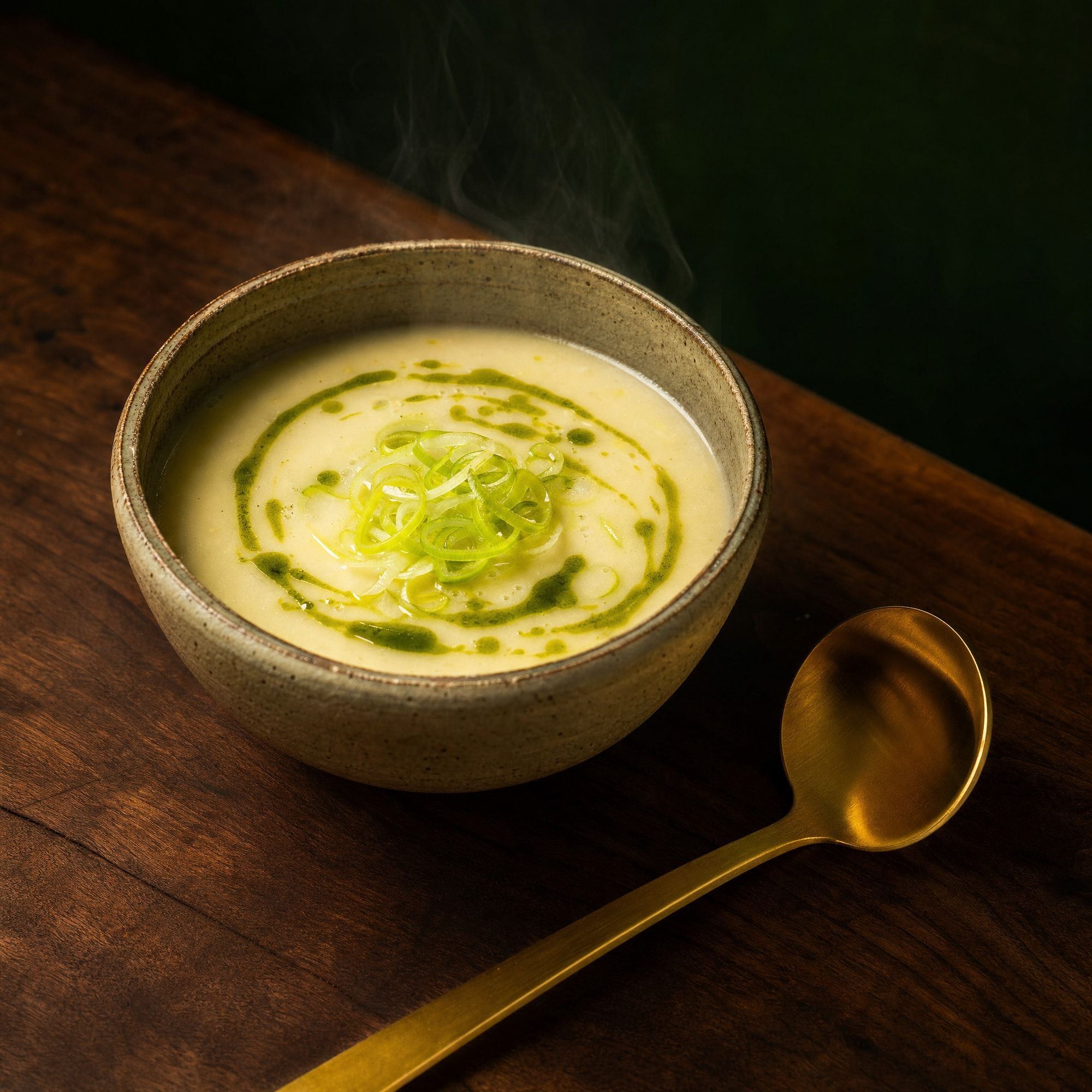 Kartoffel-Lauch-Suppe „Golden Swirl“: cremig-goldgelb mit Kräuteröl-Swirl und aufsteigendem Dampf, daneben eine goldene Kelle