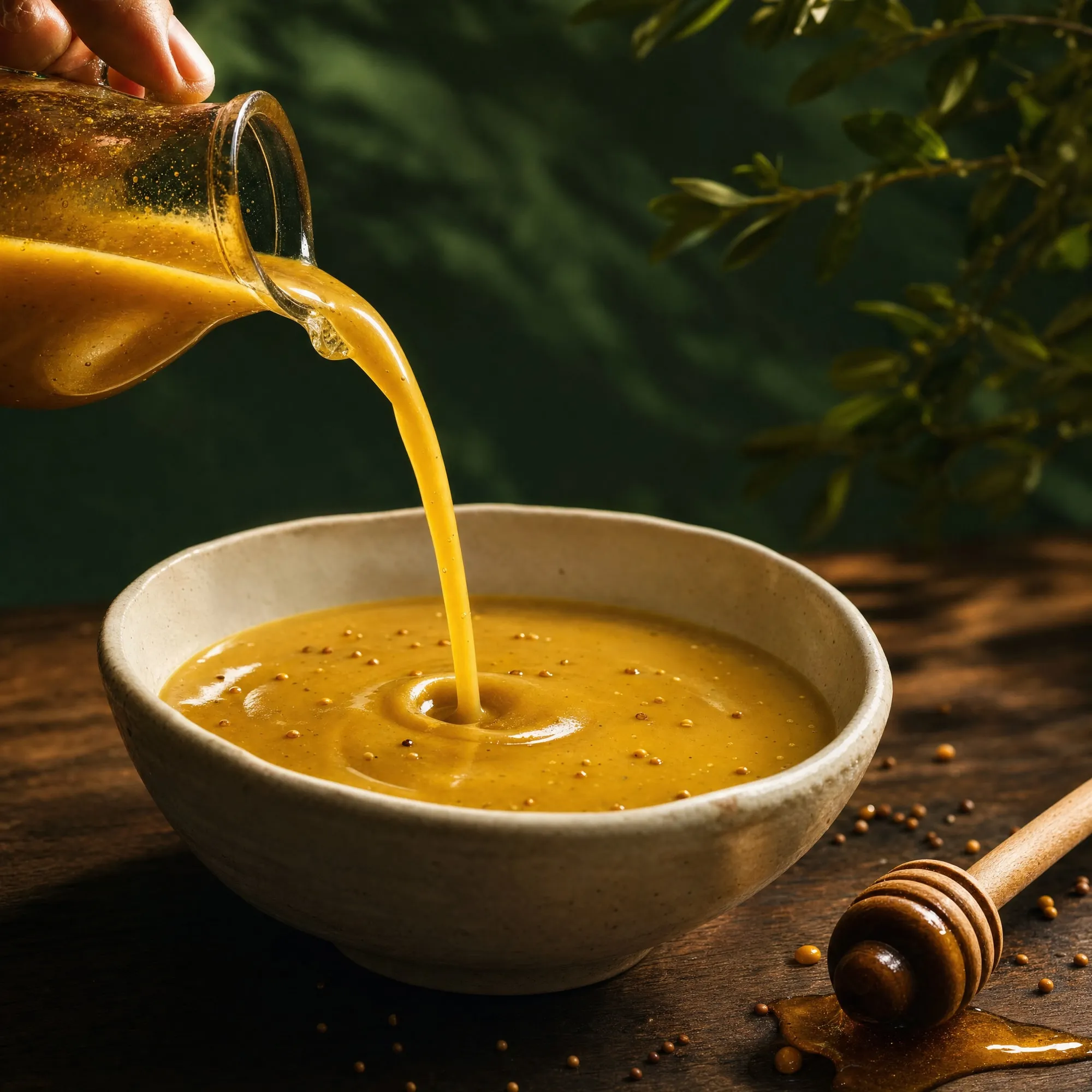 Goldgelbe Vinaigrette im dünnen Guss aus einer Glaskaraffe, daneben Honig und Senfkörner auf dunklem Holz